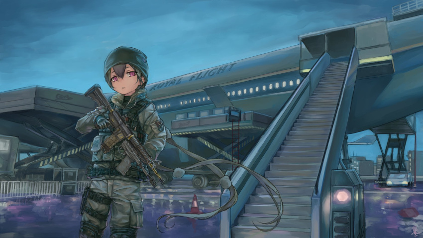 1girl aircraft airplane airport copyright_request gloves green_headwear gun hair_between_eyes hat highres holding holding_gun holding_weapon holster holstered_weapon klem looking_at_viewer military military_uniform open_mouth outdoors pink_eyes short_hair signature sky solo stairs standing thigh_holster traffic_cone uniform weapon weapon_request
