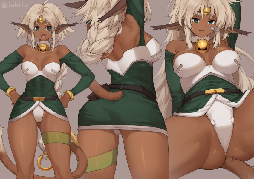 1girl :3 :d aisha_clanclan animal_ears aqua_eyes ass_visible_through_thighs bell belt belt_pouch braid breasts cat_tail collar commentary dark_skin dark_skinned_female diadem english_commentary facial_mark fang fang_out fangs grey_background hands_on_hips iwbitu-sa jingle_bell long_hair looking_at_viewer medium_breasts multiple_views neck_bell open_mouth outlaw_star platinum_blonde_hair pouch simple_background single_braid smile spread_legs tail thick_eyebrows twitter_username very_long_hair white_collar