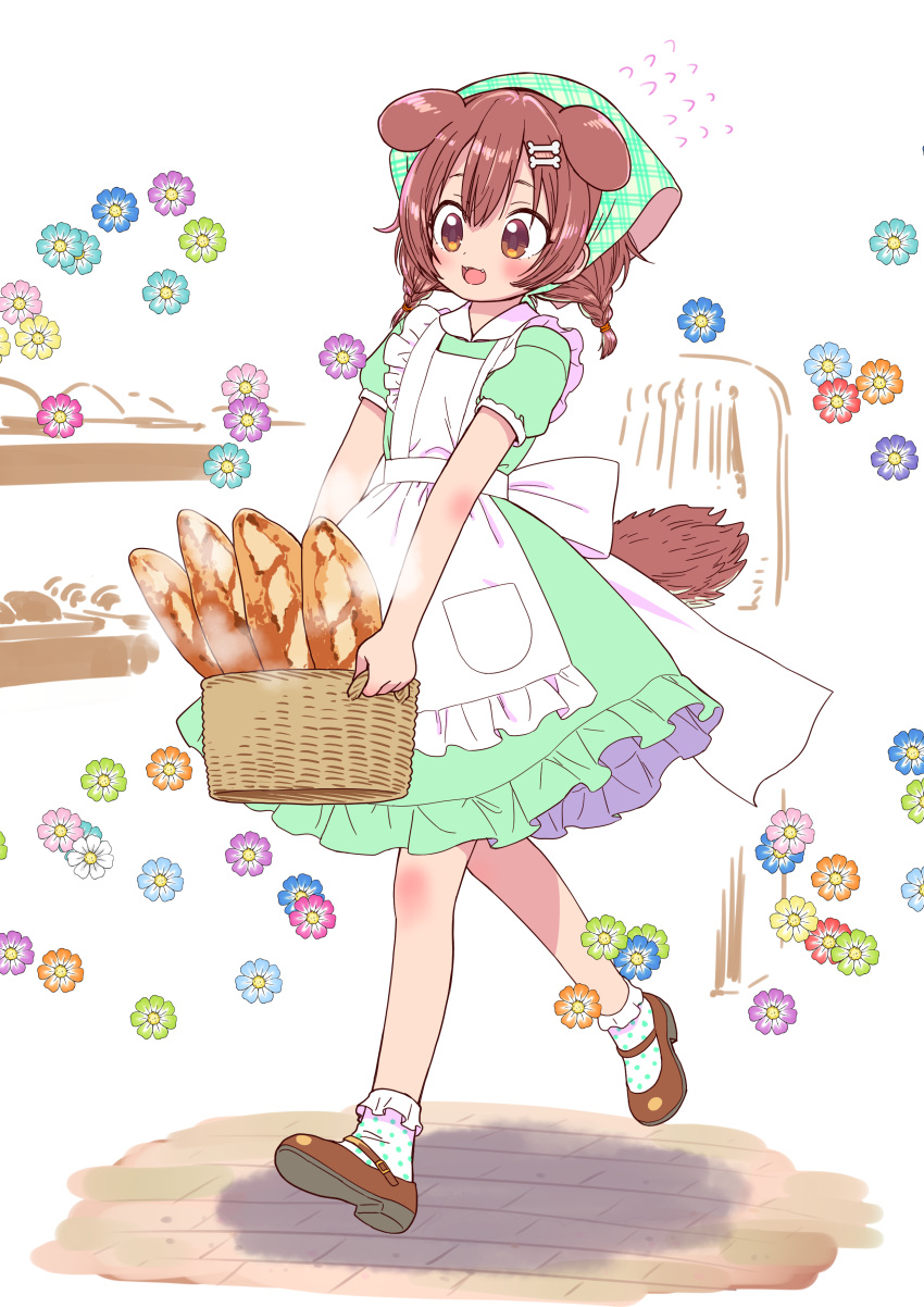 1girl absurdres animal_ears apron bandana basket bone_hair_ornament braid bread brown_eyes brown_hair dog_ears dog_girl dog_tail dress fangs flying_sweatdrops food frilled_apron frilled_dress frills full_body green_dress hair_ornament highres hololive inugami_korone open_mouth sabaku_chitai smile solo steam tail twin_braids virtual_youtuber younger
