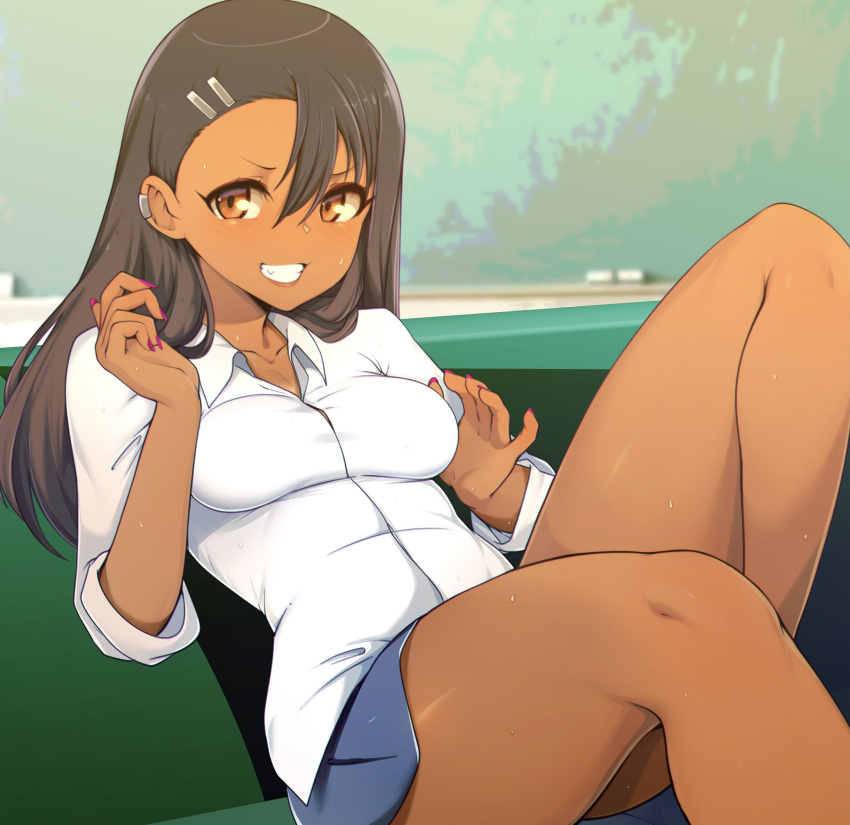 1girl absurdres black_hair blush breasts brown_eyes dark_skin dark_skinned_female grin hair_ornament hairclip highres ijiranaide_nagatoro-san long_hair looking_at_viewer lying medium_breasts nagatoro_hayase on_back parted_lips school_uniform shiny shiny_hair shiny_skin shirt skirt slugbox smile solo tan white_shirt