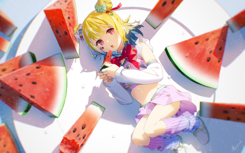 1girl blonde_hair blue_hair bow candy_hair_ornament commentary_request crop_top detached_sleeves double_bun eating food food_themed_hair_ornament fruit full_body gradient_hair hair_ornament highres holding holding_food holding_fruit indie_virtual_youtuber kneehighs kotobuki_yume long_sleeves lying miniskirt multicolored_hair on_plate on_side open_mouth pink_shirt pink_skirt plate purple_legwear red_bow red_eyes shikaemon shirt shoes signature skirt solo virtual_youtuber watermelon white_footwear