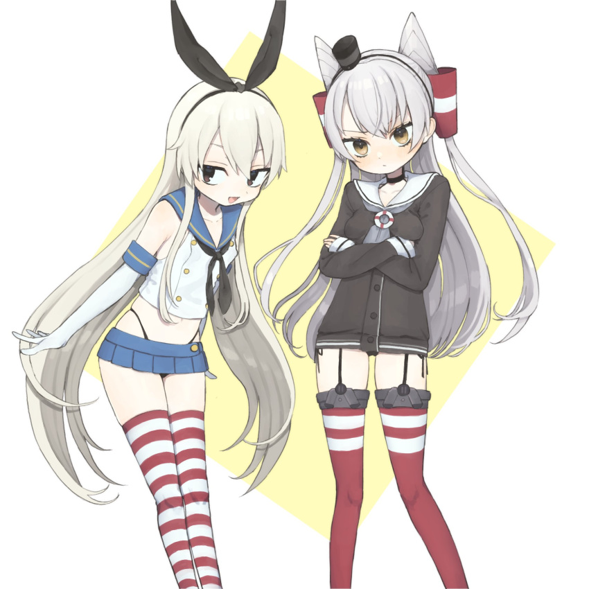 2girls amatsukaze_(kancolle) bangs black_dress black_eyes black_neckwear black_panties blonde_hair blue_skirt breasts brown_eyes closed_mouth dress elbow_gloves garter_straps gloves grey_neckwear hair_tubes hairband highleg highleg_panties highres kantai_collection long_hair long_sleeves microskirt midriff miniskirt multiple_girls navel neckerchief open_mouth panties pi_p_y pleated_skirt red_legwear sailor_collar sailor_dress school_uniform serafuku shimakaze_(kancolle) side-tie_panties silver_hair simple_background skirt sleeveless small_breasts striped striped_legwear thighhighs two-tone_background two_side_up underwear white_gloves