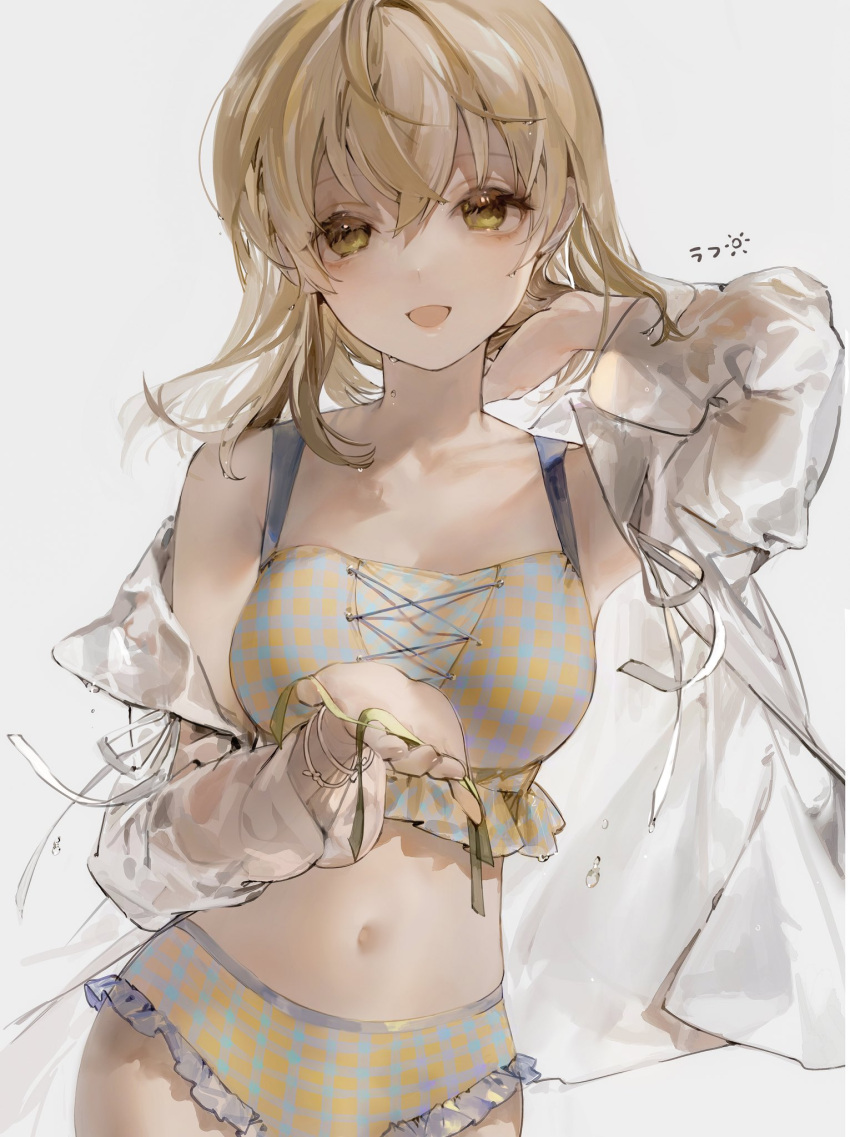 1girl arm_behind_head bare_shoulders bikini blonde_hair collarbone daiba_nana grey_background highres long_hair long_sleeves looking_at_viewer midriff navel open_mouth outstretched_arm plaid plaid_bikini shirt shoujo_kageki_revue_starlight simple_background smile solo standing suzumi_(ccroquette) swimsuit white_shirt work_in_progress yellow_bikini yellow_eyes