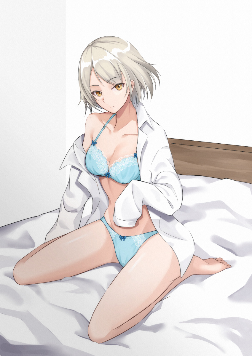 1girl bare_legs barefoot bed blue_bra blue_panties bow bow_bra bow_panties bra bra_strap breasts cleavage closed_mouth clothes_pull collarbone eyebrows_visible_through_hair girls_frontline hakugin006 highres legs looking_at_viewer medium_breasts medium_hair on_bed open_clothes open_shirt panties platinum_blonde_hair shirt shirt_pull sitting sitting_on_bed smile soles solo spread_legs thighs underwear vector_(girls_frontline) white_background white_shirt yellow_eyes