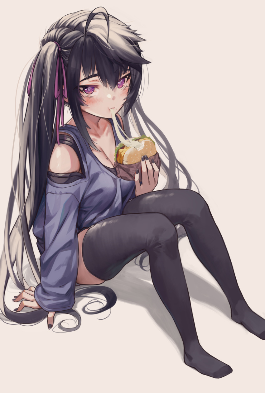 1girl :t absurdres ahoge arm_support black_bra black_hair black_legwear black_nails blue_skirt blush bra breasts burger cheese_trail cleavage closed_mouth clothing_cutout commentary_request eating fingernails food full_body hair_ribbon highres holding holding_food knees_up long_hair long_sleeves looking_at_viewer medium_breasts mole mole_on_breast nail_polish no_shoes original priite_hari_(torriet) purple_eyes purple_ribbon revision ribbon shoulder_cutout sidelocks sitting skirt solo thighhighs torriet twintails underwear very_long_hair