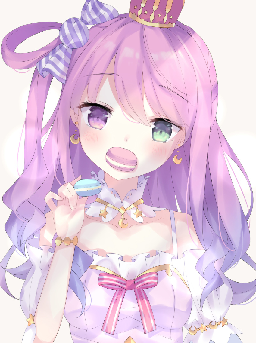 1girl absurdres asakura1540 bangs bare_shoulders blush breasts candy_hair_ornament candy_wrapper commentary_request crown dress eyebrows_visible_through_hair food food_in_mouth food_themed_hair_ornament gradient_hair green_eyes hair_between_eyes hair_ornament hair_rings hand_up head_tilt heterochromia highres himemori_luna holding holding_food hololive long_hair looking_at_viewer macaron mini_crown mouth_hold multicolored_hair off-shoulder_dress off_shoulder pink_dress pink_hair puffy_short_sleeves puffy_sleeves purple_eyes purple_hair short_sleeves small_breasts solo upper_body virtual_youtuber