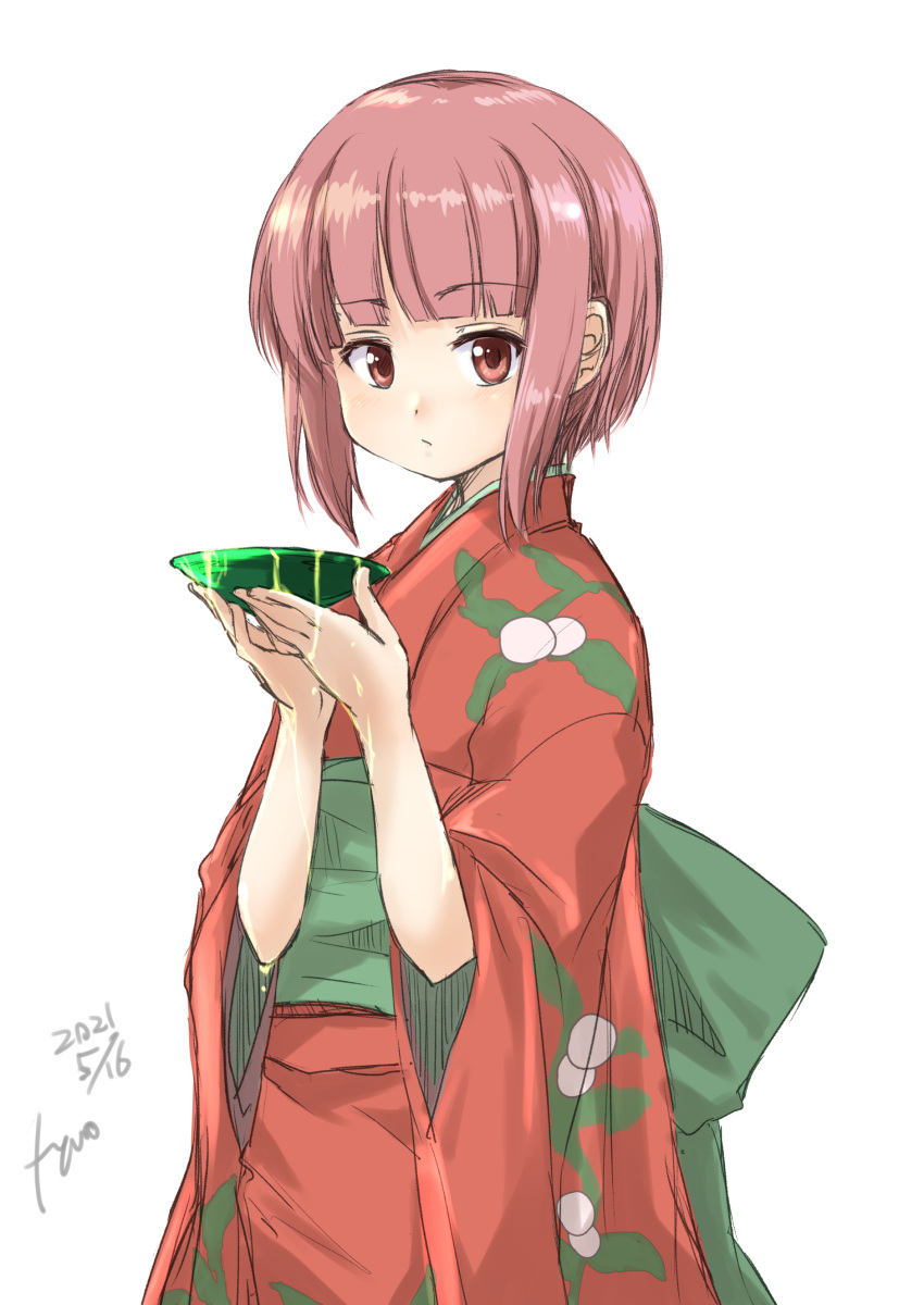 1girl absurdres artist_name bangs blunt_bangs brown_eyes brown_hair commentary_request cosplay cowboy_shot cup dated fyuo highres holding holding_saucer japanese_clothes kantai_collection kimono mushishi one-hour_drawing_challenge red_kimono renzu_(mushishi) renzu_(mushishi)_(cosplay) sakazuki saucer short_hair simple_background solo white_background z3_max_schultz_(kancolle)