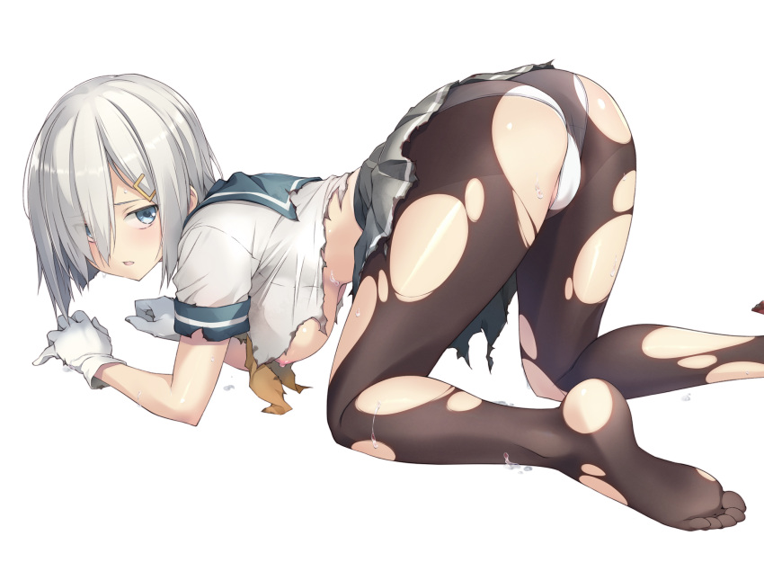 anthropomorphism breasts hamakaze_(kancolle) kantai_collection nipples panties pantyhose sakana school_uniform skirt torn_clothes underwear white