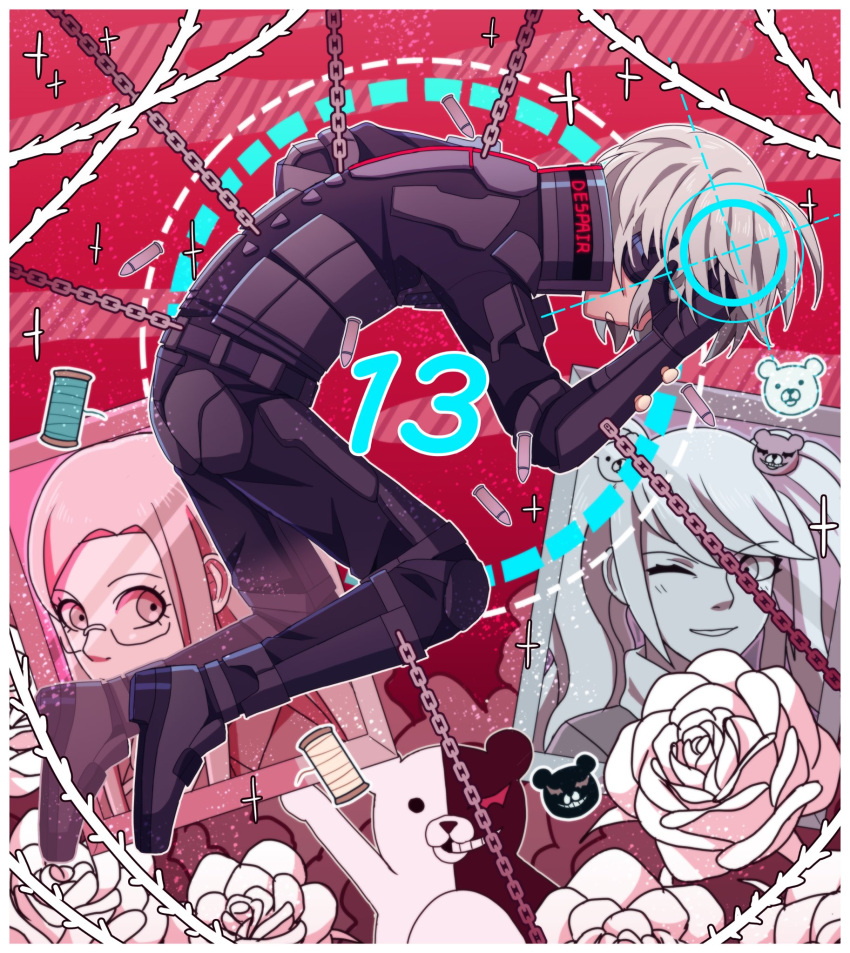 1boy android bear_hair_ornament black_pants black_sweater blush border bullet chain cheer_(cheerkitty14) danganronpa:_trigger_happy_havoc danganronpa_(series) danganronpa_v3:_killing_harmony english_commentary english_text enoshima_junko flower from_side glasses grey_hair hair_ornament hand_on_own_head highres iei keebo long_hair looking_at_viewer monokuma number one_eye_closed pants parted_lips red_background shirogane_tsumugi shoes smile solo_focus spoilers sweater teeth twintails white_border