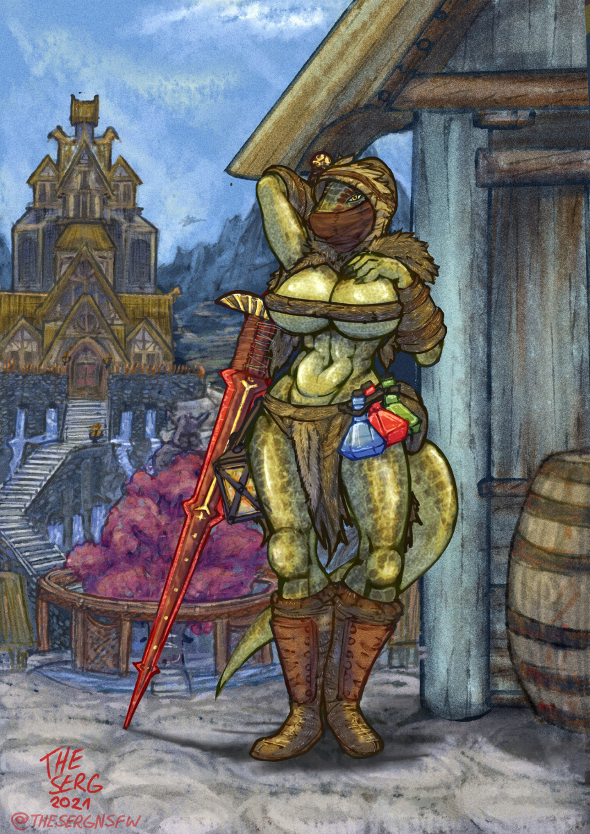 anthro argonian arm_guards barrel bethesda_softworks big_breasts bloodskall_blade boots breasts castle clothing curvy_figure facemask female footwear fur_boots fur_clothing green_body hand_behind_head hand_on_breast hi_res hood hourglass_figure lantern lizard_tail looking_at_viewer melee_weapon orange_eyes pose potion scales scalie skyrim small_waist solo street sword tasha_the_argonian the_elder_scrolls theserg thick_tail thick_thighs two_handed_sword video_games weapon whiterun