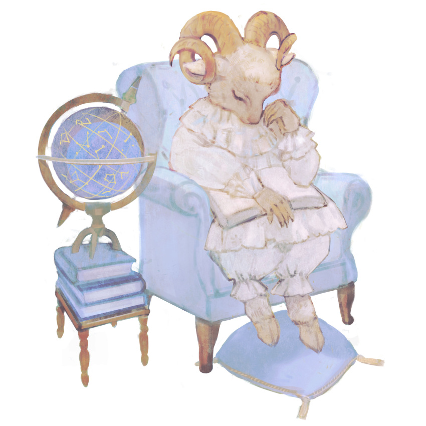 animal animal_focus bloomers book chair clothed_animal constellation frilled_shirt_collar frills globe highres holding holding_book hooves horns long_sleeves no_humans original pillow rt0no sheep shirt sitting sleepy underwear white_background white_shirt