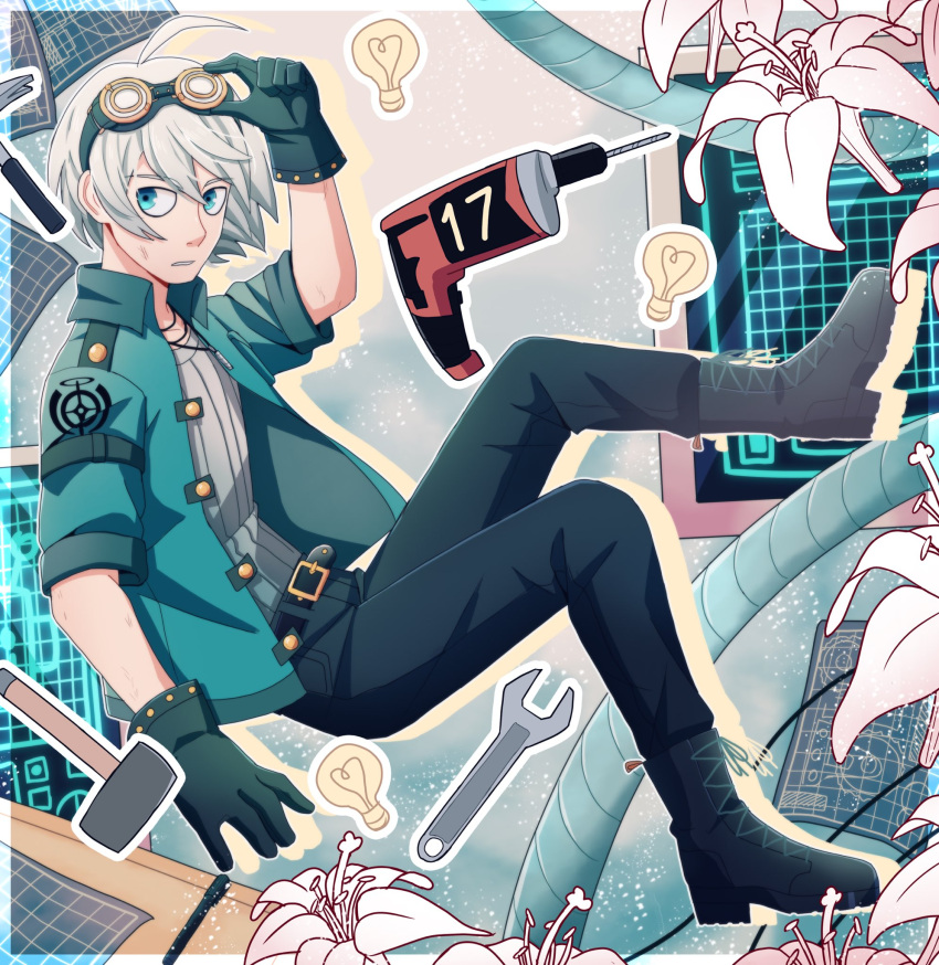 1boy ahoge alternate_costume arm_up bangs belt black_belt black_gloves blue_eyes boots border cheer_(cheerkitty14) cross-laced_footwear danganronpa_(series) danganronpa_v3:_killing_harmony english_commentary flower from_side gloves goggles goggles_on_head green_jacket grey_hair grey_sweater hammer highres jacket jewelry keebo knee_boots lamp male_focus necklace open_clothes open_jacket short_hair solo sweater tools white_border wrench
