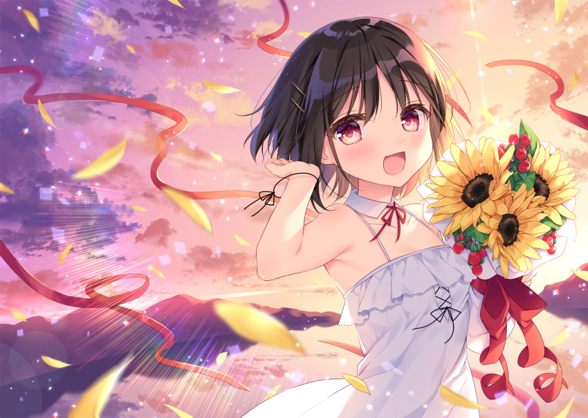 clouds dress flowers original shikitani_asuka short_hair sky sunset