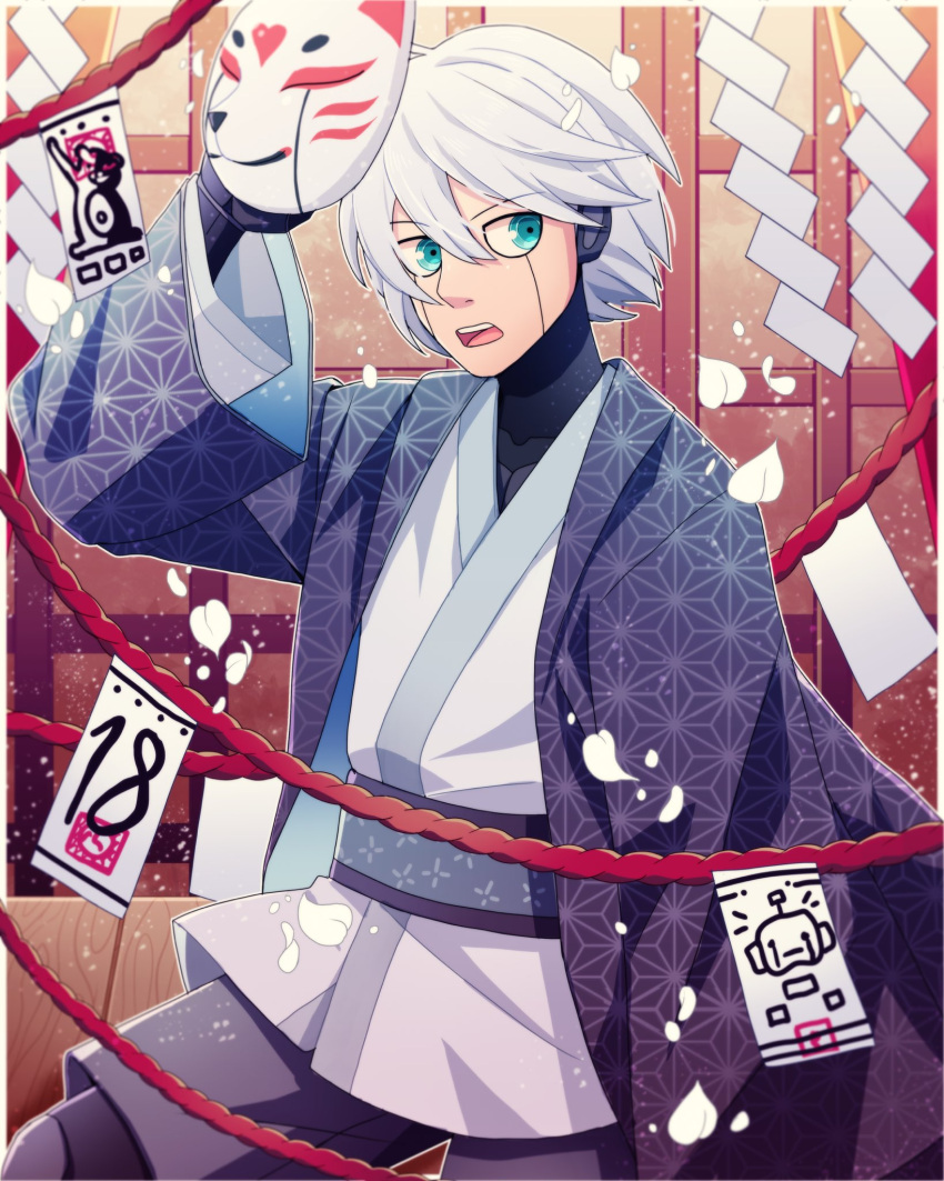 1boy alternate_costume android bangs blue_eyes border cheer_(cheerkitty14) clothing_request cowboy_shot danganronpa_(series) danganronpa_v3:_killing_harmony english_commentary fox_mask grey_hair hair_between_eyes highres holding japanese_clothes keebo kimono long_sleeves looking_at_viewer male_focus mask mask_removed monokuma open_mouth rope sash smile solo upper_teeth white_border white_hair wide_sleeves