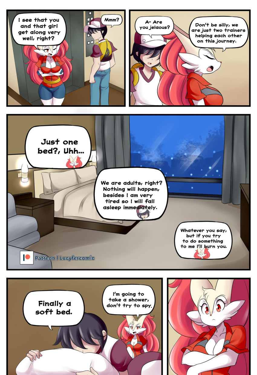 anthro bed braixen bray_(lucyfercomic) clothing cute_fangs duo female furniture gloves hair_over_eyes handwear hat headgear headwear hi_res human inner_ear_fluff inside lucyfercomic male mammal nintendo one_eye_closed pillow pok&eacute;mon pok&eacute;mon_(species) pok&eacute;mon_trainer speech_bubble tuft video_games window