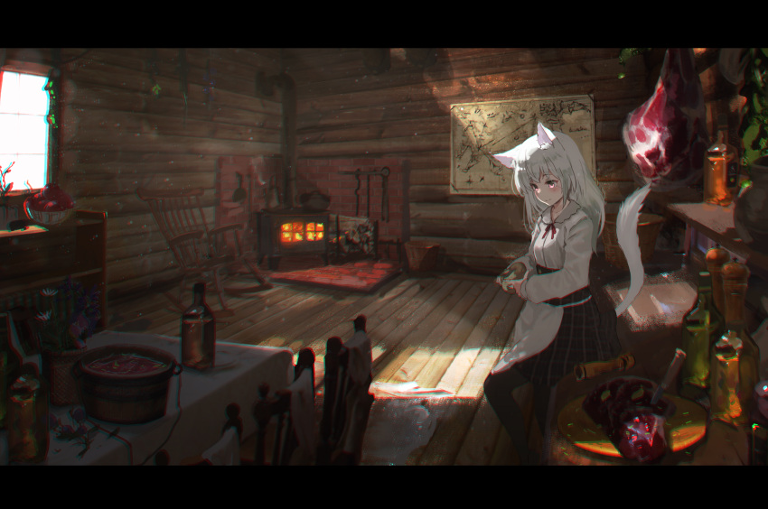 1girl absurdres animal_ears apple brick chair chromatic_aberration dress fire food fruit highres indoors knife long_hair long_sleeves map meat oota_youjo original peeling pink_eyes potato rocking_chair solo stove sunlight table tail white_dress white_hair window wolf_ears wolf_girl wolf_tail wooden_floor wooden_house wooden_wall