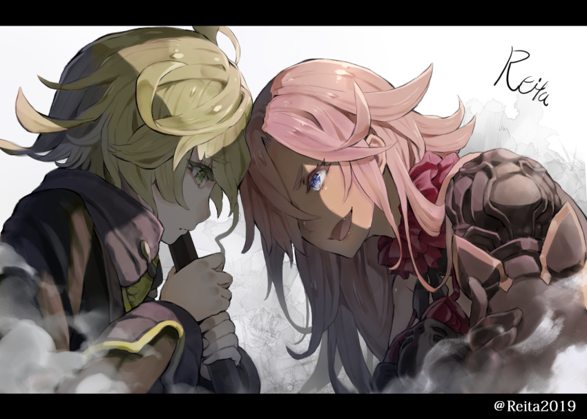1boy 1girl black_border black_gloves blue_eyes border choker cinderella_(sinoalice) closed_mouth dark-skinned_female dark_skin eyebrows_visible_through_hair fang frills gloves green_eyes green_hair highres holding holding_weapon hoshizaki_reita long_sleeves looking_at_another open_mouth pinocchio_(sinoalice) scared short_hair signature sinoalice staff taunting twitter_username weapon