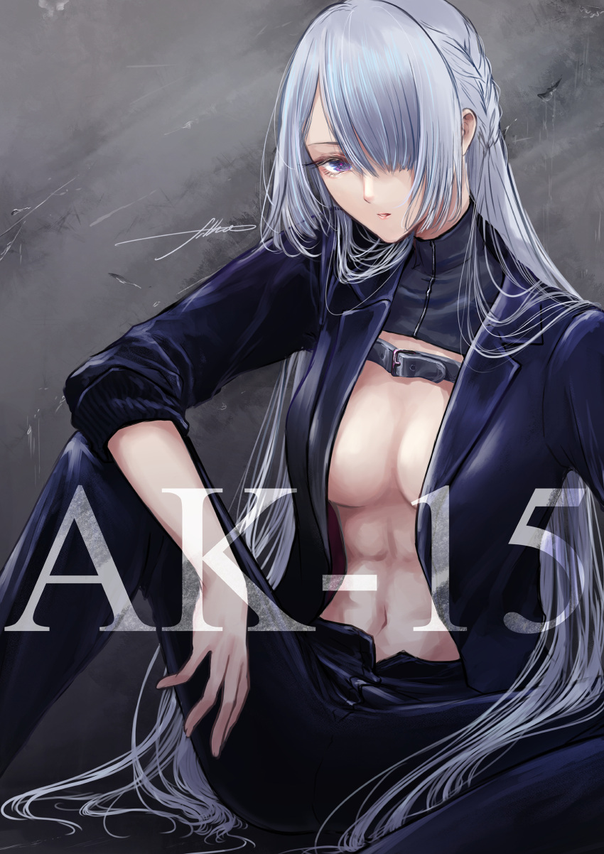 1girl absurdres ak-15_(girls_frontline) black_jacket black_pants braid breasts character_name closed_mouth defy_(girls_frontline) eyebrows_visible_through_hair filha formal french_braid girls_frontline highres jacket long_hair looking_at_viewer medium_breasts one_eye_covered open_clothes open_jacket pants purple_eyes silver_hair simple_background sitting_on_floor solo stomach suit wall