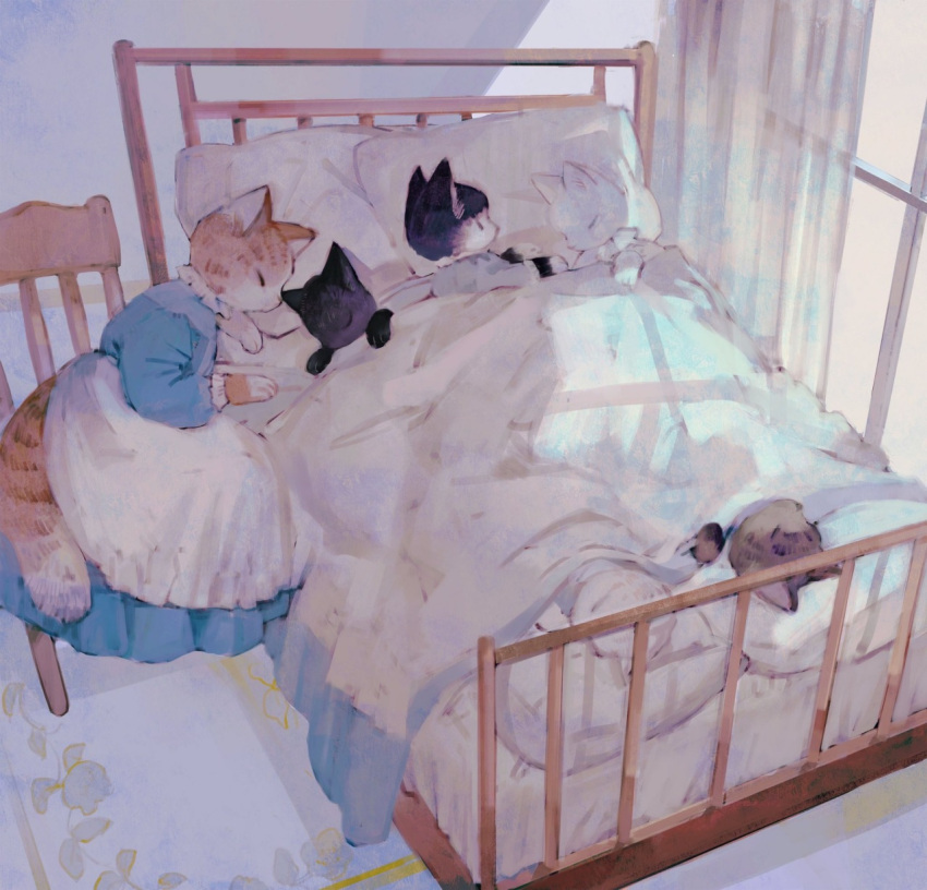 animal animal_focus apron bed bedroom black_cat blanket blue_dress cat chair clothed_animal curtains dress frilled_shirt_collar frills highres indoors kitten long_dress lying no_humans orange_cat original pillow rt0no rug sitting sleeping tabby_cat under_covers white_cat window