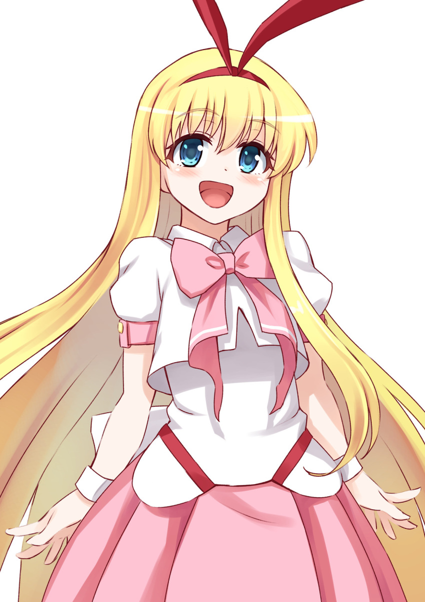 1girl :d amae_koromo animal_ears bangs blonde_hair blouse blue_eyes bow bowtie bunny_ears collared_blouse commentary cowboy_shot eyebrows_visible_through_hair fake_animal_ears hairband highres long_hair looking_at_viewer medium_skirt open_mouth pila_(pilayamato) pink_neckwear pink_skirt pleated_skirt puffy_short_sleeves puffy_sleeves red_hairband saki short_sleeves simple_background skirt smile solo standing very_long_hair white_background white_blouse wristband