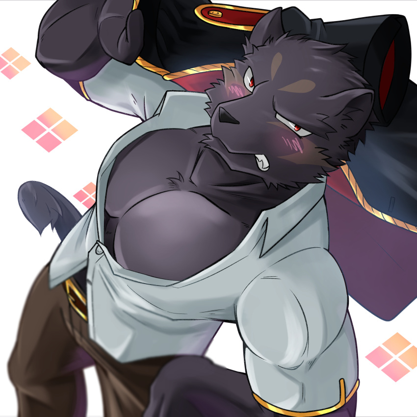 absurd_res anthro black_body black_fur blush clothed clothing felid fur hi_res knights_college kouga0225 male mammal muscular muscular_anthro muscular_male open_clothing pantherine partially_clothed pecs solo theo_(knights_college) uniform video_games visual_novel