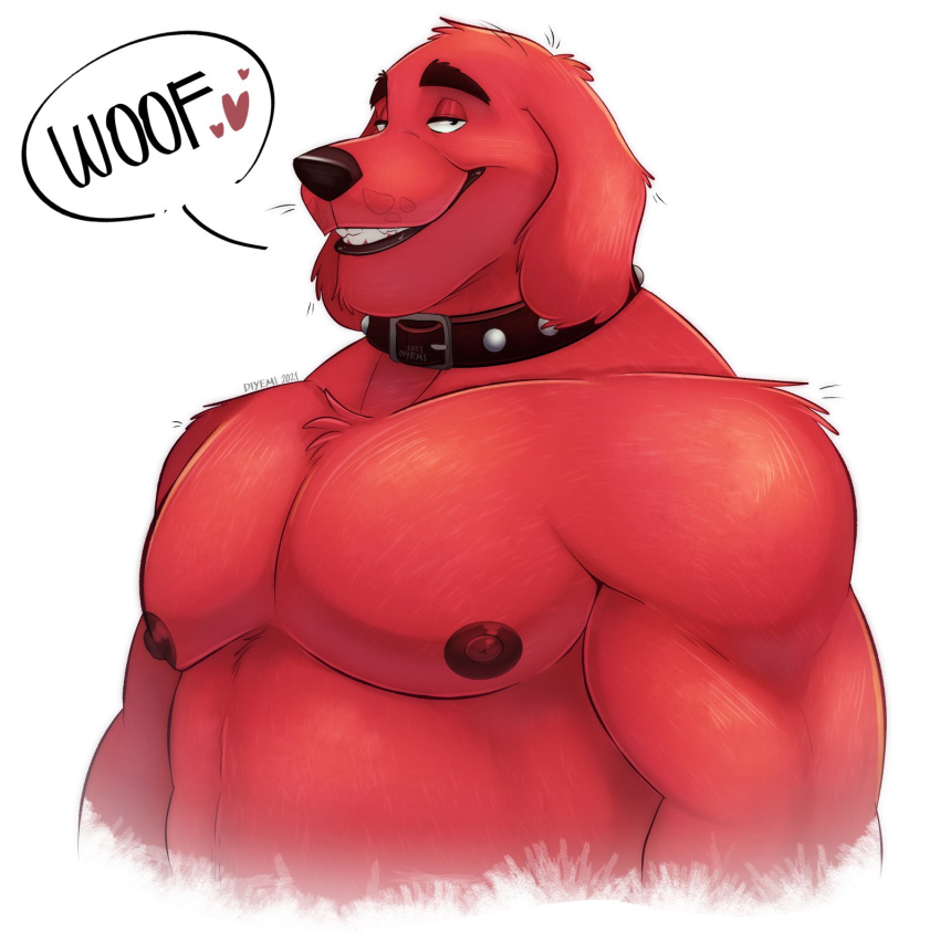 &lt;3 2021 abs anthro bedroom_eyes biceps canid canine canis clifford clifford_the_big_red_dog collar dialogue domestic_dog fur half-length_portrait hi_res looking_at_viewer male mammal muscular muscular_anthro muscular_male narrowed_eyes nipples onomatopoeia open_mouth open_smile pecs portrait red_body red_fur seductive simple_background smile solo sound_effects teeth text thediyemi triceps white_background