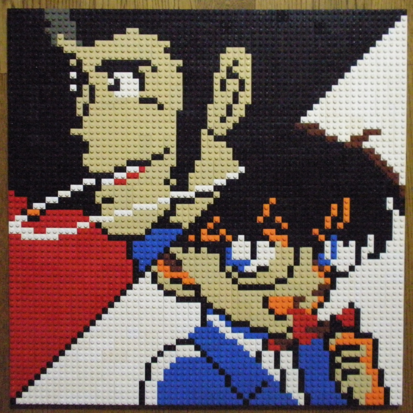 2boys :d arsene_lupin_iii bangs black-framed_eyewear black_background black_hair blue_eyes edogawa_conan glasses highres lego lego_(medium) looking_at_viewer looking_to_the_side lupin_iii meitantei_conan multiple_boys open_mouth photo_(medium) pixel_art short_hair sideburns smile smoking unconventional_media upper_body white_background you_rei_(blowback)