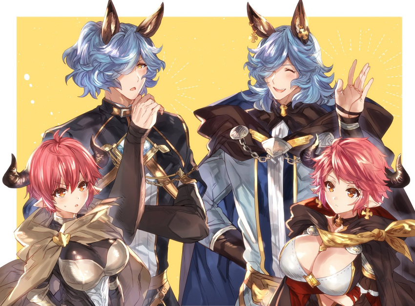 2boys 2girls animal_ears blue_hair blush breasts cleavage commentary_request cow_ears cow_horns cross cross_earrings drang_(granblue_fantasy) draph earrings eno_yukimi erune granblue_fantasy horns jewelry large_breasts long_hair multiple_boys multiple_girls pointy_ears red_hair short_hair sturm_(granblue_fantasy) time_paradox
