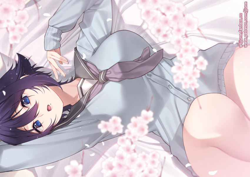 blue_eyes cherry_blossoms flowers jjune purple_hair school_uniform short_hair watermark