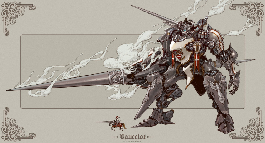 1boy armor blue_eyes character_name emerson_tung fantasy full_armor glowing glowing_eye highres holding holding_lance holding_polearm holding_weapon horse horseback_riding knight lance lancelot_du_lac mecha open_hand polearm riding smoke stnading watermark weapon web_address