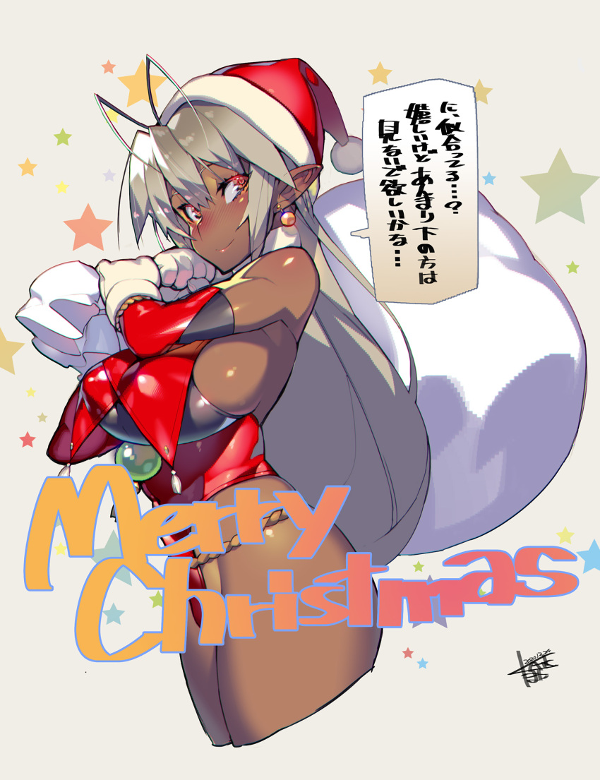 1girl antenna_hair blush breasts christmas dark-skinned_female dark_elf dark_skin elbow_gloves elf gloves hat highres large_breasts leotard looking_at_viewer namaniku_atk orange_eyes pointy_ears red_leotard sack sansei_muramasa santa_hat soukou_akki_muramasa white_hair