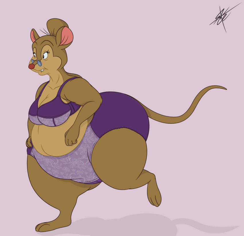 2017 absurd_res an_american_tail anthro big_butt bra breasts buckteeth butt clothing don_bluth eyewear female glasses hair hair_bun hi_res mama_mousekewitz mammal mature_female mouse murid murine overweight overweight_anthro overweight_female panties red_nose rodent simple_background solo suce teeth thick_thighs underwear