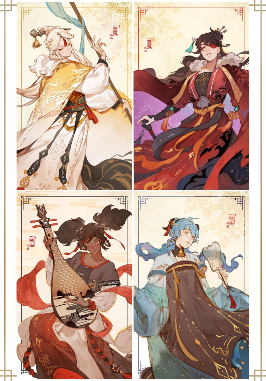 4girls alternate_costume beidou_(genshin_impact) black_hair blue_hair chinese_clothes dark-skinned_female dark_skin eyepatch fan ganyu_(genshin_impact) genshin_impact hair_ornament hairpin highres horns instrument long_hair lute_(instrument) multiple_girls ningguang_(genshin_impact) velocesmells white_hair xinyan_(genshin_impact)