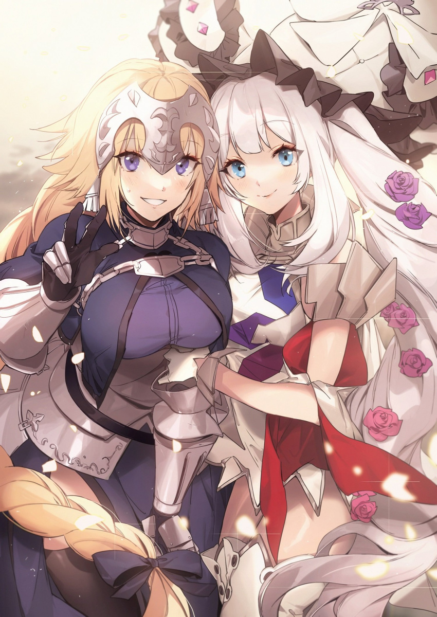 2girls armor armored_dress bangs blonde_hair blue_dress blue_eyes blush boots braid braided_ponytail breasts chain collar dress fate/apocrypha fate/grand_order fate_(series) faulds gauntlets gloves grin headpiece highres jeanne_d'arc_(fate) jeanne_d'arc_(fate)_(all) large_breasts large_hat long_hair looking_at_viewer marie_antoinette_(fate) medium_breasts metal_collar multiple_girls no-kan plackart short_dress sidelocks silver_hair single_braid sleeveless sleeveless_dress smile thigh_boots thighhighs thighs twintails very_long_hair white_dress white_footwear white_headwear