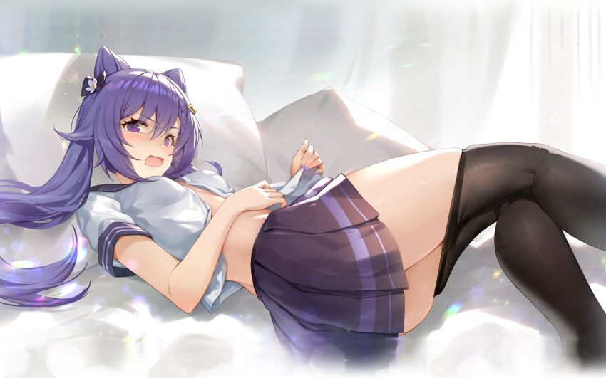 1girl absurdres animal_ears ass bed_sheet black_legwear bow breasts cat_ears commentary_request double_bun embarrassed genshin_impact hair_bow hair_bun highres keqing_(genshin_impact) looking_at_viewer lying on_back open_mouth panties panty_pull pillow pleated_skirt purple_eyes purple_hair ring_(1079882045) sailor_collar short_sleeves skirt solo thighhighs twintails unbuttoned unbuttoned_shirt underwear uniform zettai_ryouiki