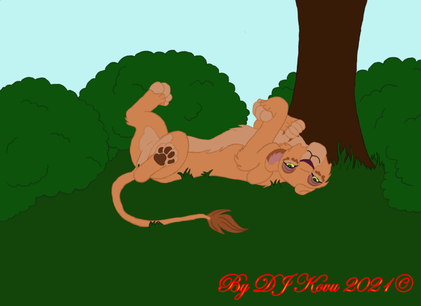 2021 dakari disney dj_kovu felid female feral genitals hi_res light_background lion looking_at_viewer lying mammal on_back pantherine playful pussy solo the_lion_king whitewolfwing