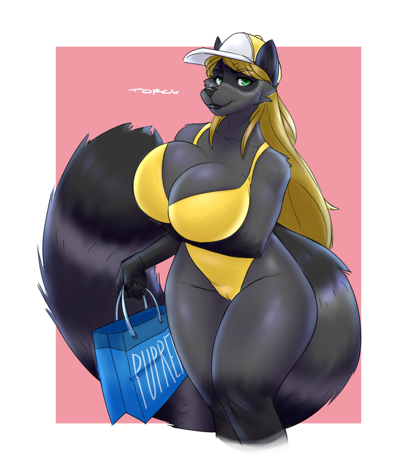 5_fingers absurd_res anthro bag big_breasts black_body black_fur blonde_hair border breasts camel_toe cleavage clothed clothing curvy_figure female fingers fur green_eyes grey_body grey_fur hair hat headgear headwear hi_res huge_breasts lips long_hair looking_at_viewer mammal mature_anthro mature_female naomi_rasputin one-piece_swimsuit pink_background portrait procyonid raccoon signature simple_background solo standing swimwear thick_bottom_lip thick_thighs three-quarter_portrait torou voluptuous white_border wide_hips