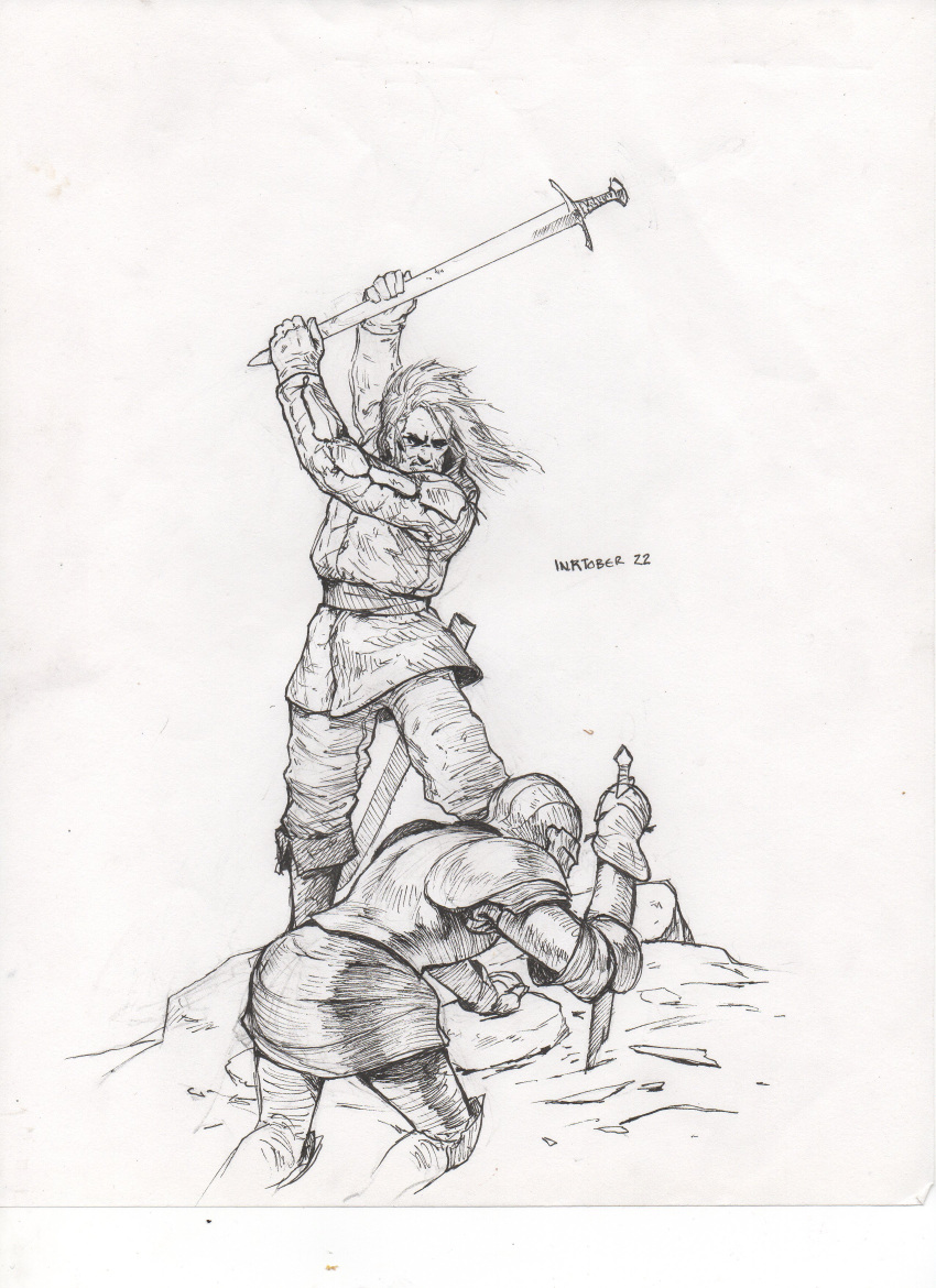 1boy 1other absurdres armor boots breastplate closed_mouth commentary english_commentary finishing_move floating_hair full_armor gambeson gauntlets greyscale highres holding holding_sword holding_weapon ink_(medium) inktober long_hair manuel_castanon monochrome mordhau_(technique) original pants pauldrons planted_sword planted_weapon scabbard scan sheath shoulder_armor simple_background standing sword traditional_media unsheathed weapon white_background
