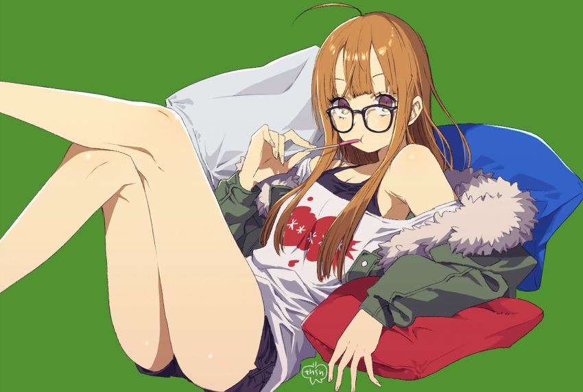 1girl ahoge black-framed_eyewear brown_hair fur-trimmed_jacket fur_trim glasses green_jacket jacket long_hair looking_at_viewer murata_tefu persona persona_5 pillow purple_eyes sakura_futaba shorts simple_background solo