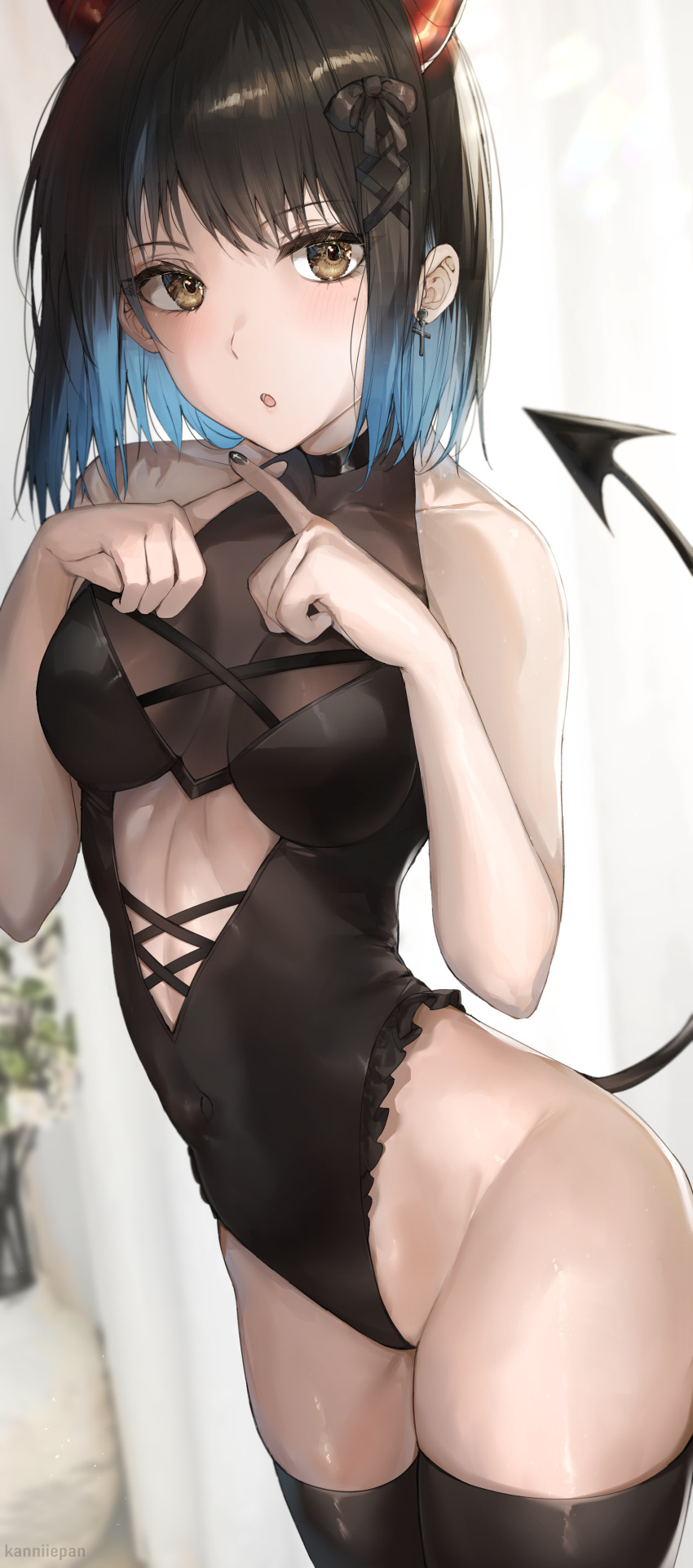 1girl :o absurdres arched_back artist_name bangs bare_arms bare_shoulders black_hair black_legwear black_leotard black_nails black_ribbon blue_hair blurry blush braid breasts brown_eyes center_opening collarbone covered_navel cowboy_shot cross cross_earrings crossed_fingers demon_girl demon_horns demon_tail depth_of_field earrings eyebrows_visible_through_hair frilled_leotard frills gradient_hair groin hair_ribbon hands_up highleg highleg_leotard highres horns jewelry kanniiepan leotard looking_at_viewer medium_breasts mole mole_under_eye multicolored_hair nail_polish original parted_lips ribbon short_hair sidelocks solo standing tail tail_raised thighhighs thighs two-tone_hair