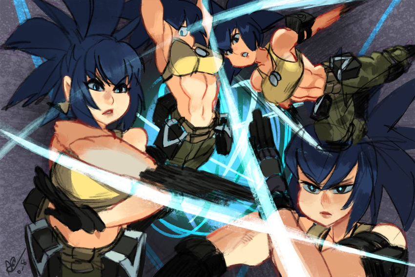 1girl abs alex_ahad armpits bangs bare_shoulders blue_eyes blue_hair breasts camouflage camouflage_pants cargo_pants commentary dog_tags earrings energy english_commentary gloves jewelry large_breasts leona_heidern lips looking_at_viewer multiple_views navel open_arms pants ponytail pouch signature slashing solo tank_top the_king_of_fighters the_king_of_fighters_xiv the_king_of_fighters_xv triangle_earrings yellow_tank_top