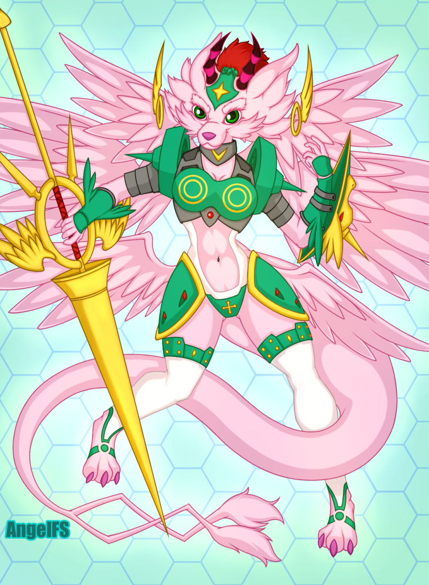 angelfs anthro anthrofied armor bandai_namco breastplate breasts claws clothed clothing digimon digimon_(species) dragon feathered_wings feathers female fur furred_dragon green_eyes hi_res horn legwear magnadramon melee_weapon midriff multi_wing pink_body pink_claws pink_fur polearm shield simple_background solo spear weapon wings