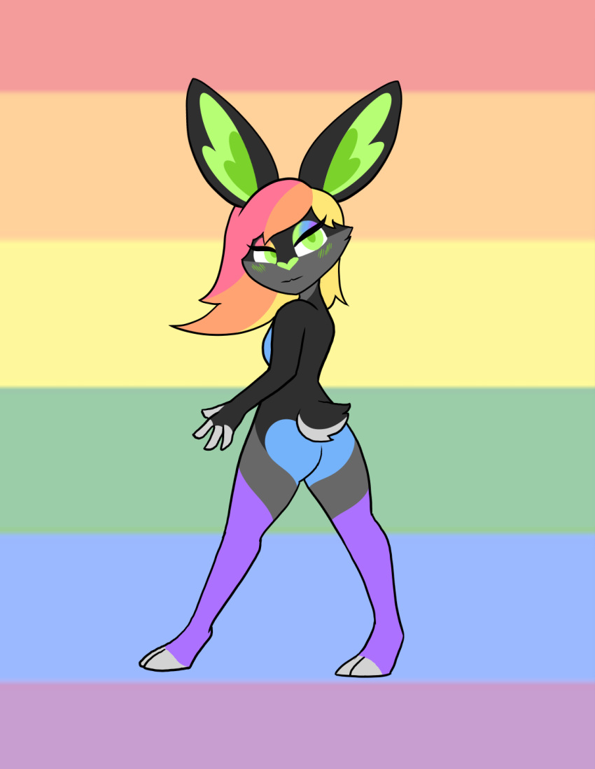 &lt;3 anthro blue_butt blush butt butt_heart female green_eyes green_nose hair heart_ears hi_res lagomorph leporid lgbt_pride looking_at_viewer mammal multicolored_body multicolored_hair rabbit rainbow rainbow_background rainbow_body rainbow_eyeshadow rainbow_hair simple_background solo standing stockings_(marking) tiddysoft