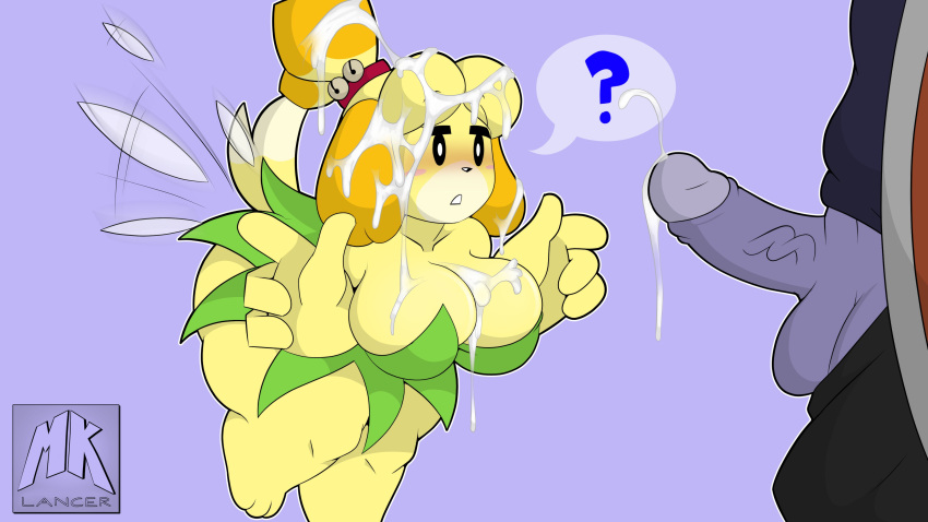 absurd_res animal_crossing anthro balls big_breasts blonde_hair blush bodily_fluids breasts canid canine canis cleavage clothed clothing cum disney domestic_dog erection female foreskin genital_fluids genitals hair hi_res isabelle_(animal_crossing) male mammal mklancer00 nintendo penis retracted_foreskin short_stack tinkerbell uncut video_games yellow_body