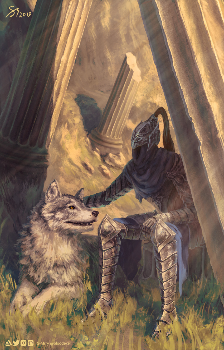 1boy absurdres armor artorias_the_abysswalker covered_face dark_souls grass great_grey_wolf_sif grey_fur helmet highres nature outdoors pillar ruins sitting smile souls_(from_software) wolf