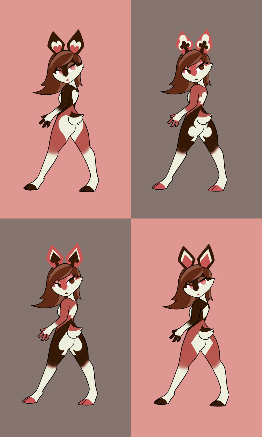 &clubs; &diams; &lt;3 &spades; absurd_res anthro brown_eyes brown_hair brown_lips butt_heart custom_species eyeshadow female fur gloves_(marking) group hair hi_res lagomorph lips looking_at_viewer makeup mammal markings multicolored_body multicolored_fur red_eyes red_lips standing stockings_(marking) suit_symbol suitbun tiddysoft two_tone_tail