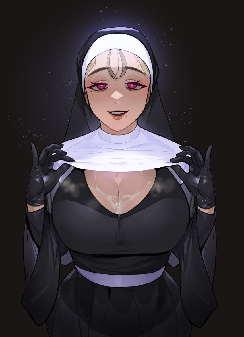 1girl :d absurdres after_paizuri bangs black_dress black_gloves blonde_hair breasts bright_pupils capelet cleavage coif cum cum_on_body cum_on_breasts dark_background dress gloves grey_background habit hands_up highres large_breasts light_particles lips looking_at_viewer mole mole_under_eye mole_under_mouth nun open_mouth original pink_eyes simple_background smile sohn_woohyoung solo upper_body white_capelet white_pupils