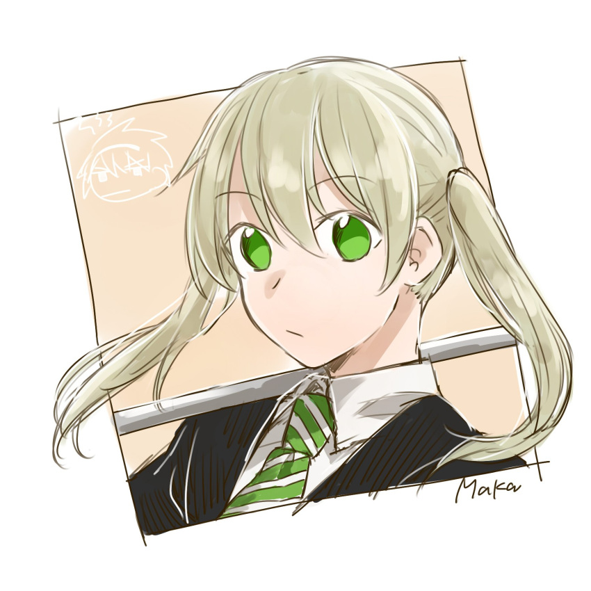 1girl blonde_hair closed_mouth green_eyes harahara_(harashi001) highres long_hair looking_at_viewer maka_albarn necktie soul_eater soul_eater_(character) twintails