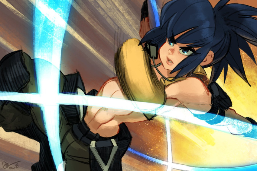 1girl abs alex_ahad armpits bangs bare_shoulders blue_eyes blue_hair breasts camouflage camouflage_pants cargo_pants dog_tags earrings energy gloves jewelry large_breasts leona_heidern lips looking_at_viewer navel pants ponytail pouch sideboob signature slashing solo tank_top the_king_of_fighters the_king_of_fighters_xiv the_king_of_fighters_xv triangle_earrings yellow_tank_top