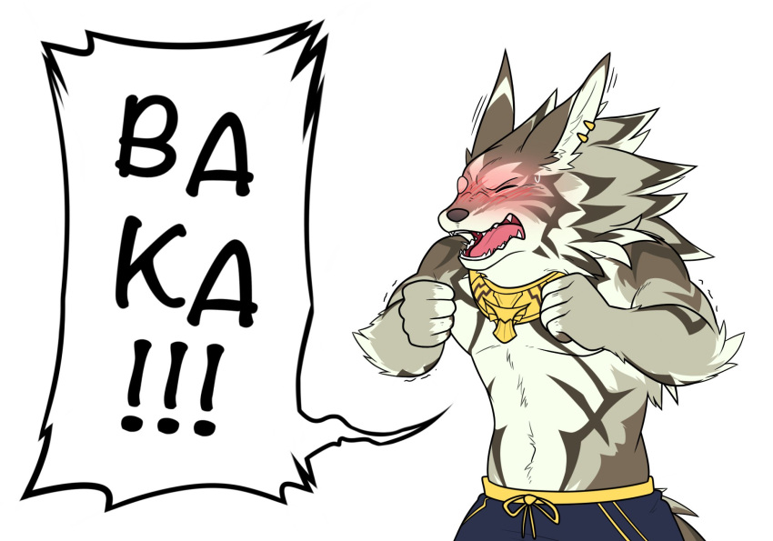 angry anthro baka blush canid canine canis clothing hi_res jackal jewelry khoaprovip00 male mammal necklace seth_(tas) shirtless swimwear tokyo_afterschool_summoners tsundere video_games yelling